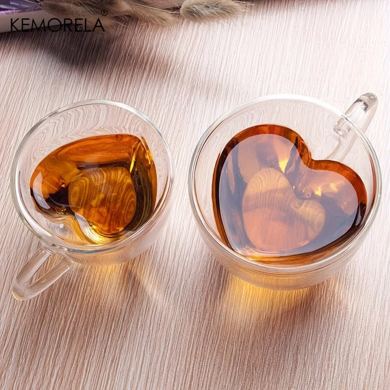 KEMORELA 4PCS Heart Double Wall Borosilicate Glass Mugs Glass Mug Set Axl