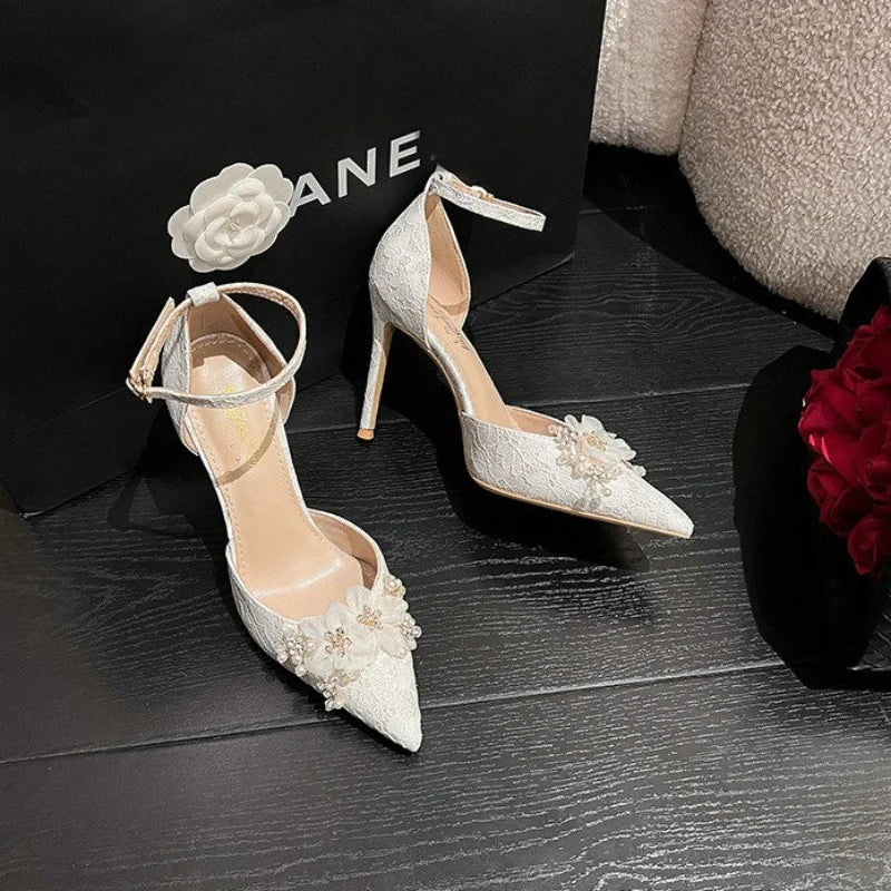 Women's Lace Rhinestone Wedding Pumps – Pointed Toe High Heels Wedding High Heels Axl