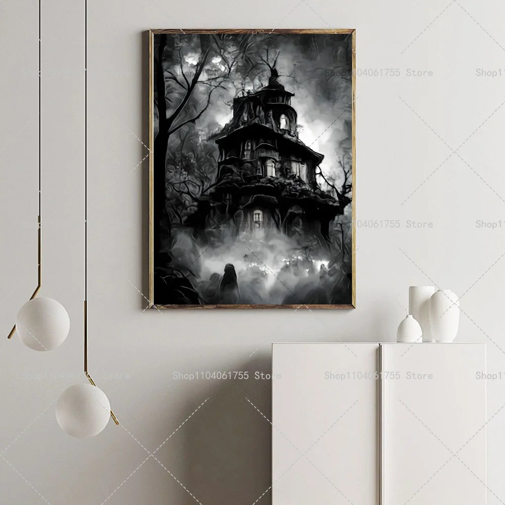 Halloween Gothic Haunted House Wall Poster – Self-Adhesive Wall Art Poster Axl