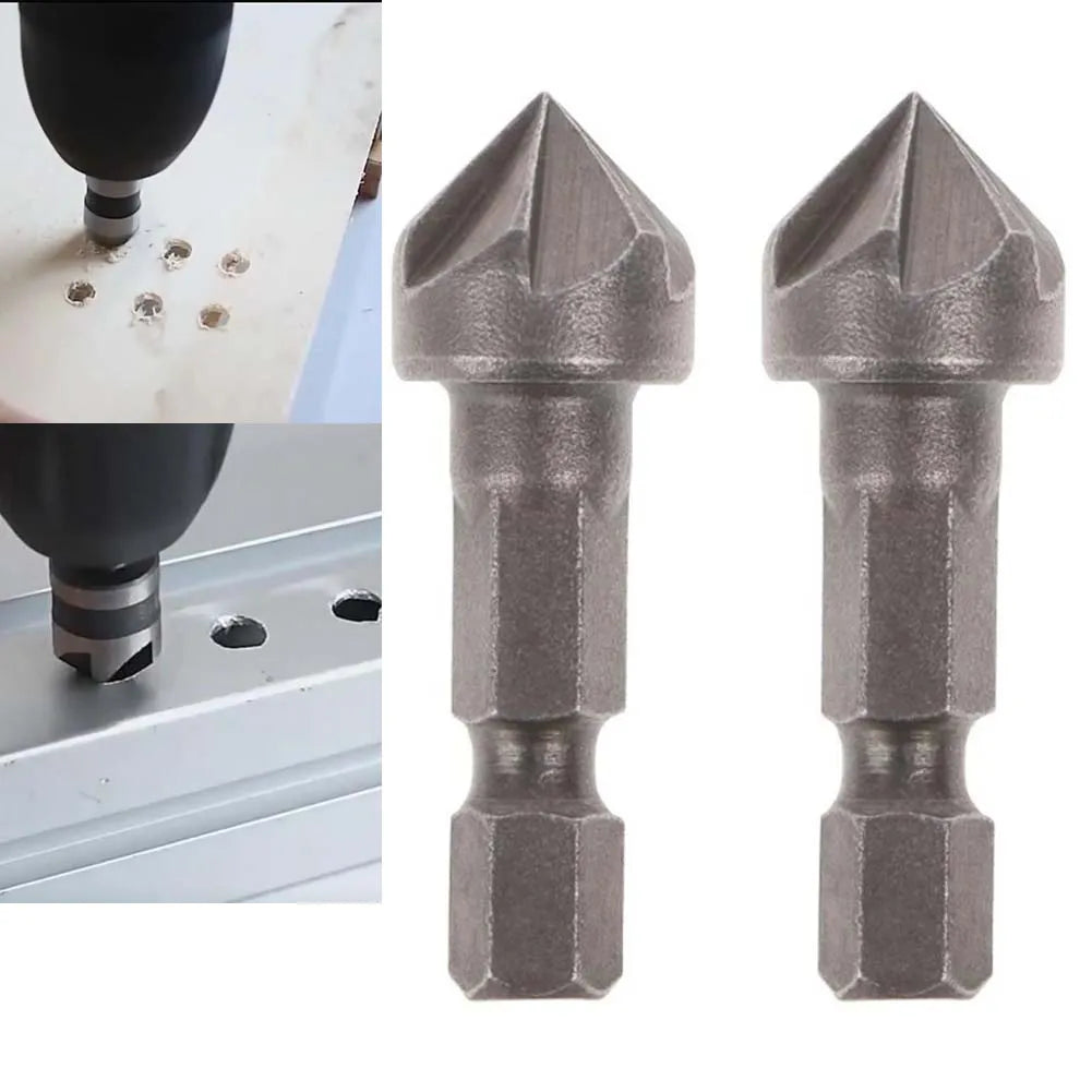 2-Pack 5-Flute Countersink Drill Bit Set – 1/4" Hex Shank 90° Countersink Drill Bit Axl