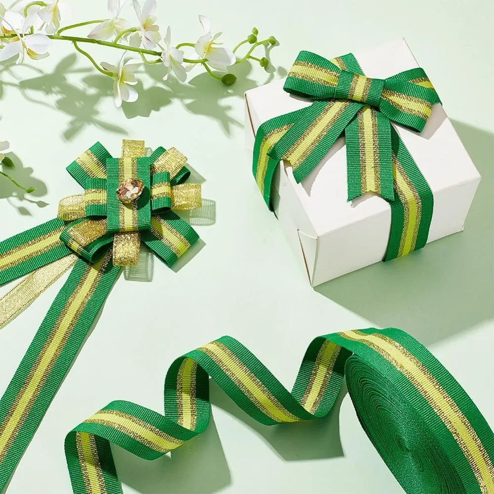 25 Yards Glitter Stripe Polyester Ribbon – 1 Inch Flat Green Craft Ribbon Axl