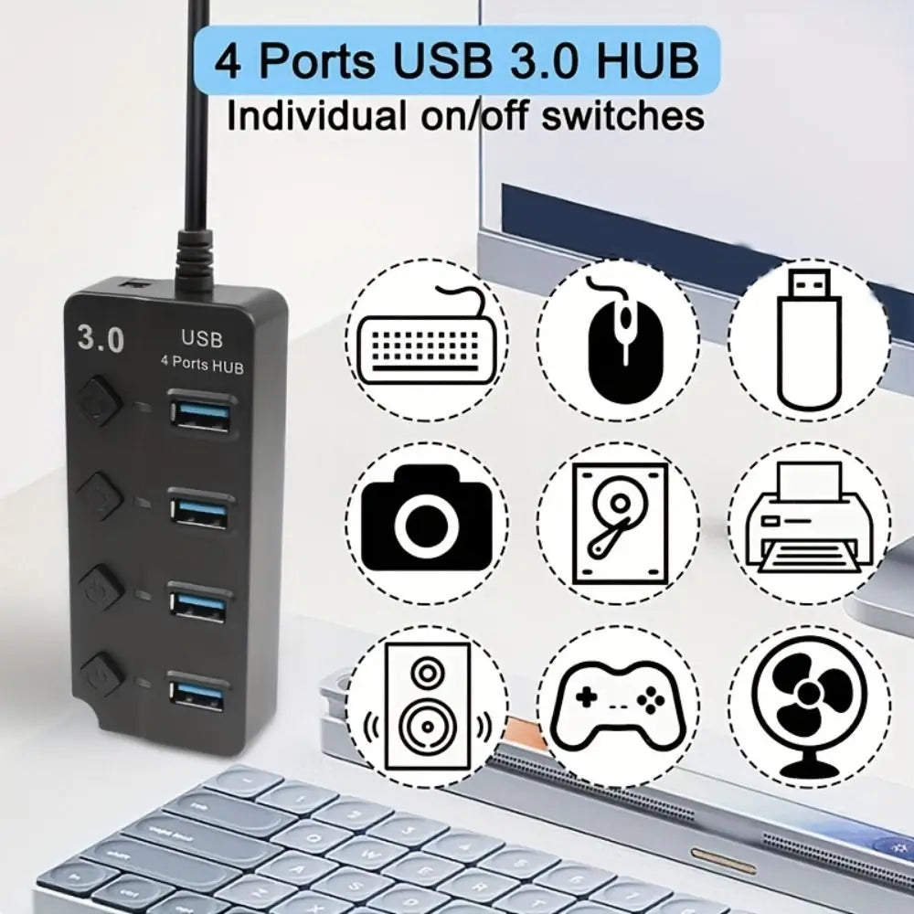 4-Port USB 3.0 Hub 5Gbps with Switch & Long Cable USB Hub Axl