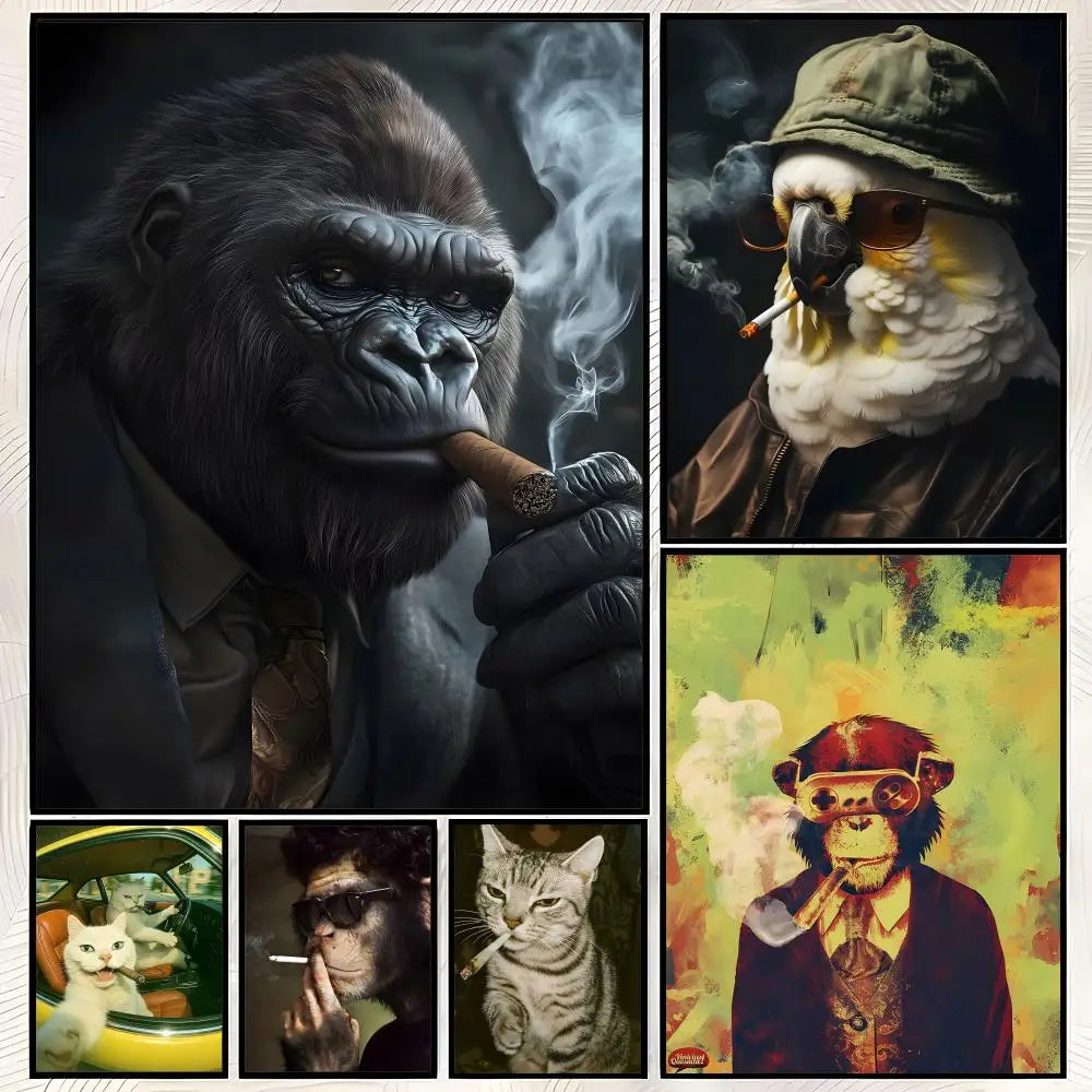 Smoking Animals Wall Art Poster – Self-Stick HD PVC Decor Wall Art Poster Axl
