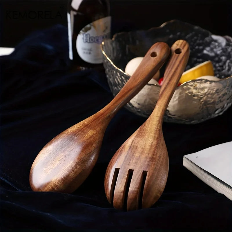 KEMORELA Acacia Wood Salad Servers – Long Handle Spoon & Fork Wood Salad Servers Axl