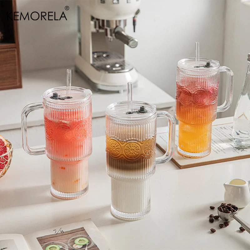 KEMORELA 750ml Sunflower Glass Tumbler with Lid & Straw Glass Tumbler Axl