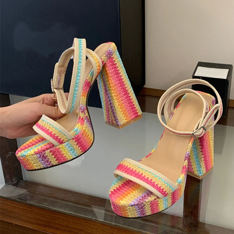 Women's Chunky Platform Sandals Open Toe Square High Heels Platform Heeled Sandals Axl