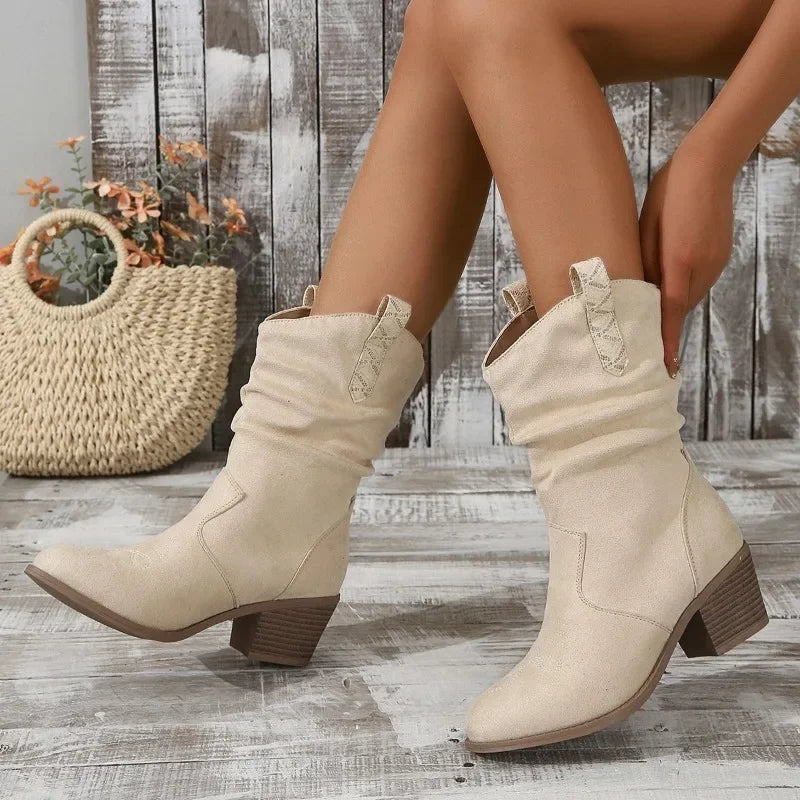 Women's Mid-Calf Boots – Round Toe Square Heel Slip-On Women's Fashion Boots Axl