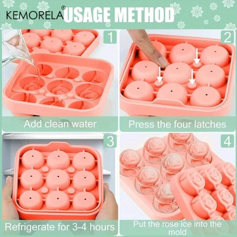 3D Rose Silicone Ice Cube Mold – 9-Grid Flower Tray | KEMORELA Silicone Ice Mold Axl