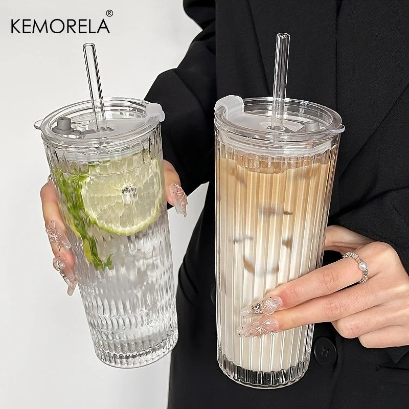Crystal Grid Glass Tumbler with Straw & Lid | Large Capacity Glass Tumbler Axl