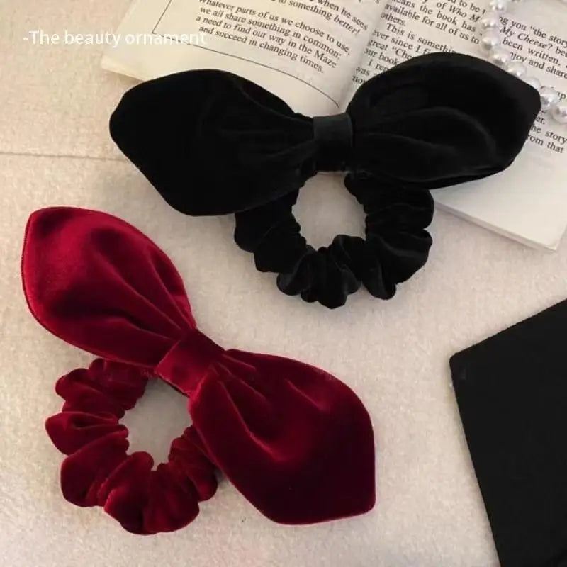 Vintage Black Velvet Bow Hair Scrunchie – Elegant Ponytail Tie Velvet Hair Scrunchie Axl