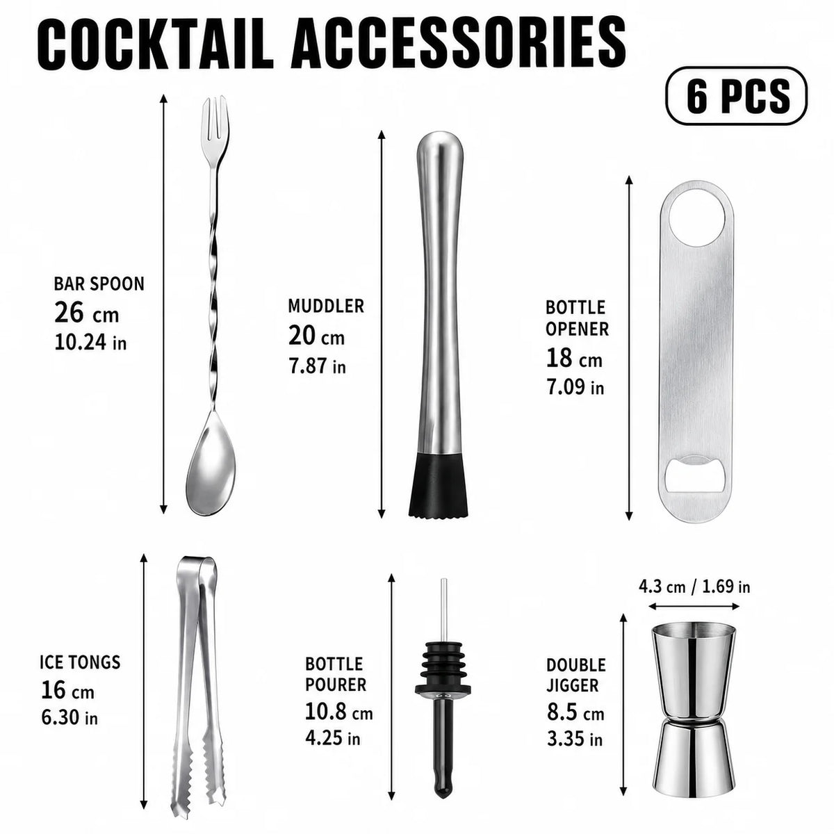 Stainless Steel Cocktail Muddler & Bar Tool Set | 3–9 Piece Bar Tool Set Axl 6 Pack-J005