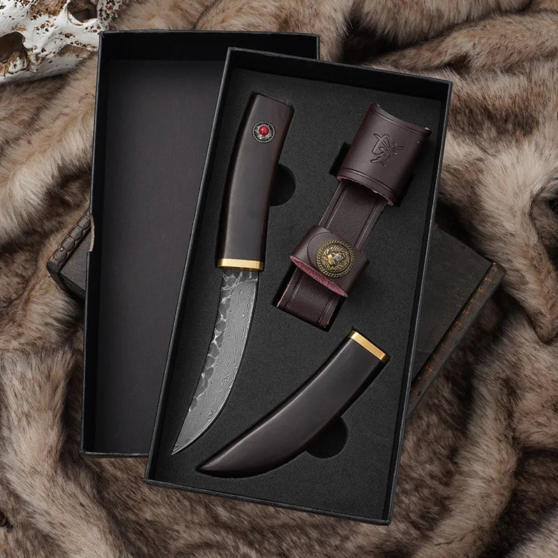 PLYS Damascus Steel Fixed Blade Knife – Wood Handle, 19.7cm Fixed Blade Knife Axl Style A