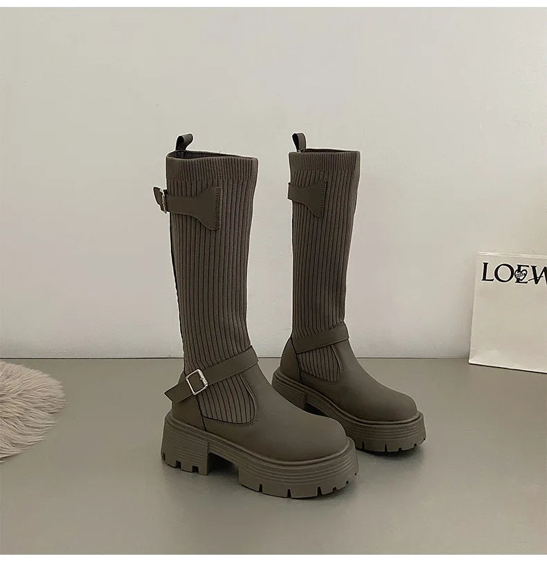 Women's Knitted Knee-High Boots – Retro Elastic Thick-Sole Knee-High Boots Axl GRAY 35