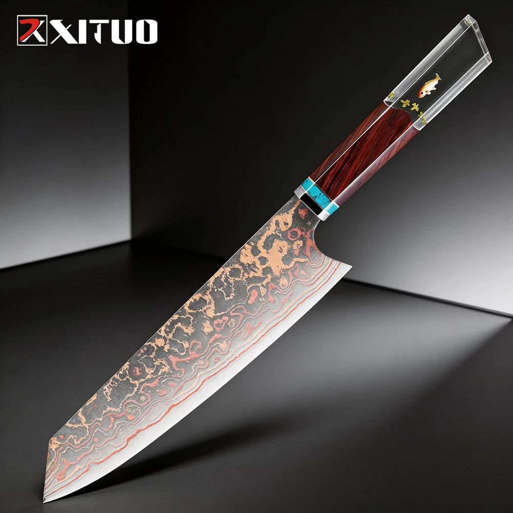 XITUO Kiritsuke Chef Knife 8" – Tricolor Copper Damascus Steel Damascus Chef Knife Axl Kiritssuke Knife