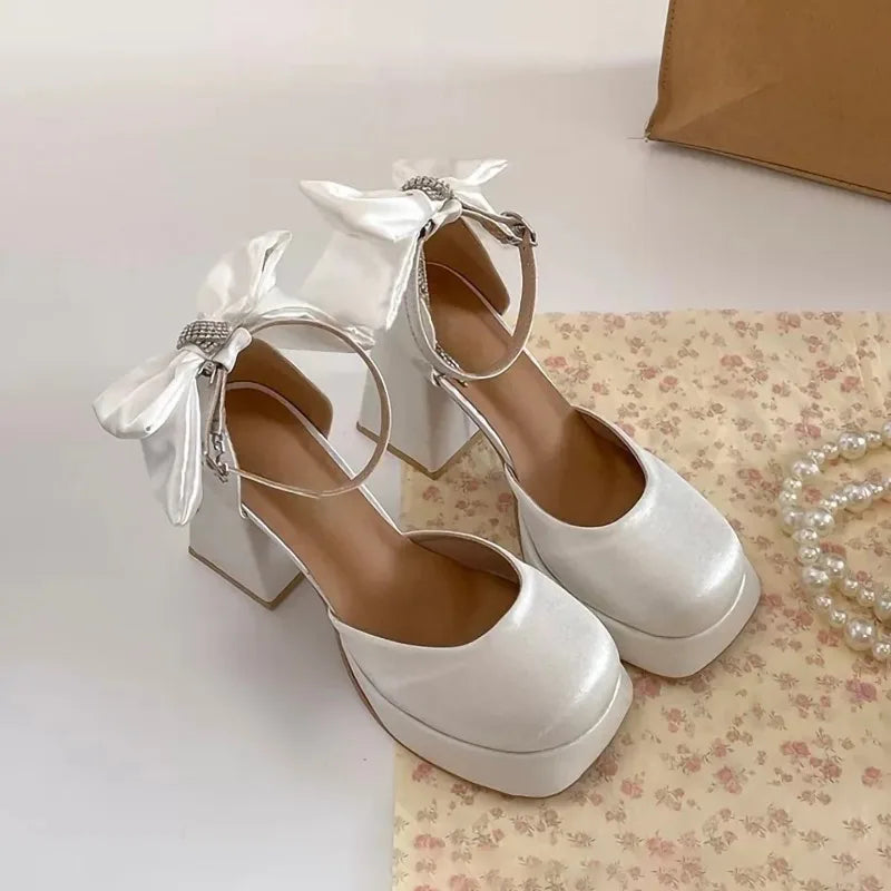 Women's Platform Mary Jane Pumps – Satin Bow & Rhinestone Platform Mary Jane Pumps Axl White 38