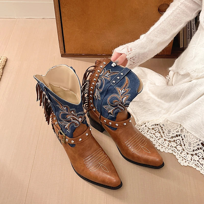 Women's Western Cowboy Boots – Embroidered Studded Block Heel Western Cowboy Boots Axl