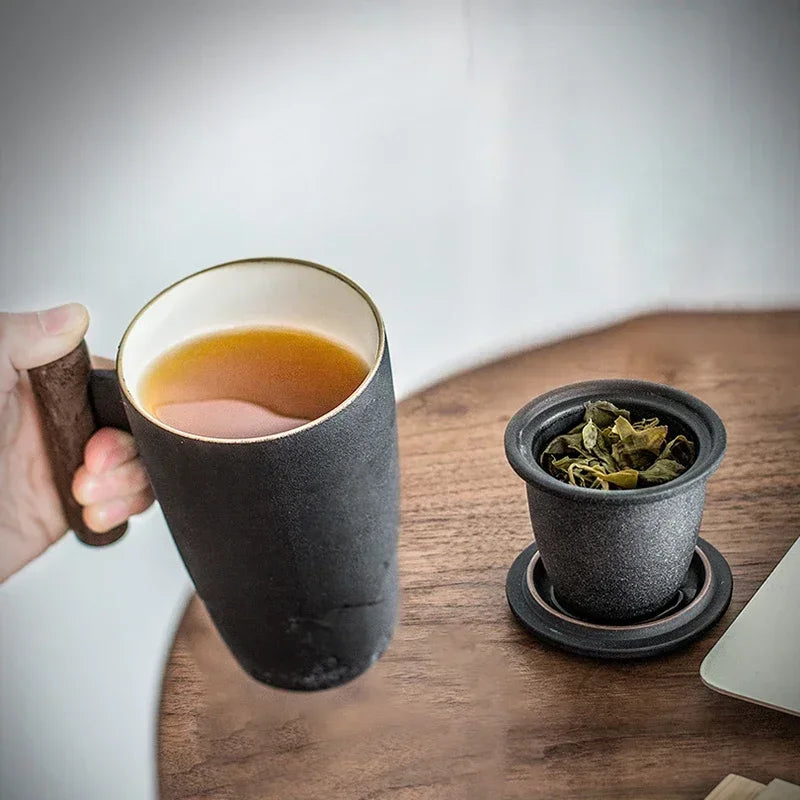 Retro Ceramic Tea Mug with Lid, Filter & Wooden Handle Ceramic Tea Mug Axl