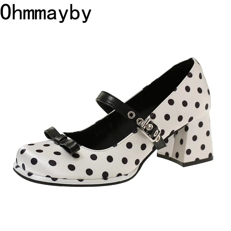 Vintage Polka Dot Mary Jane Pumps | Women's Square Heel Shoes Mary Jane Pumps Axl