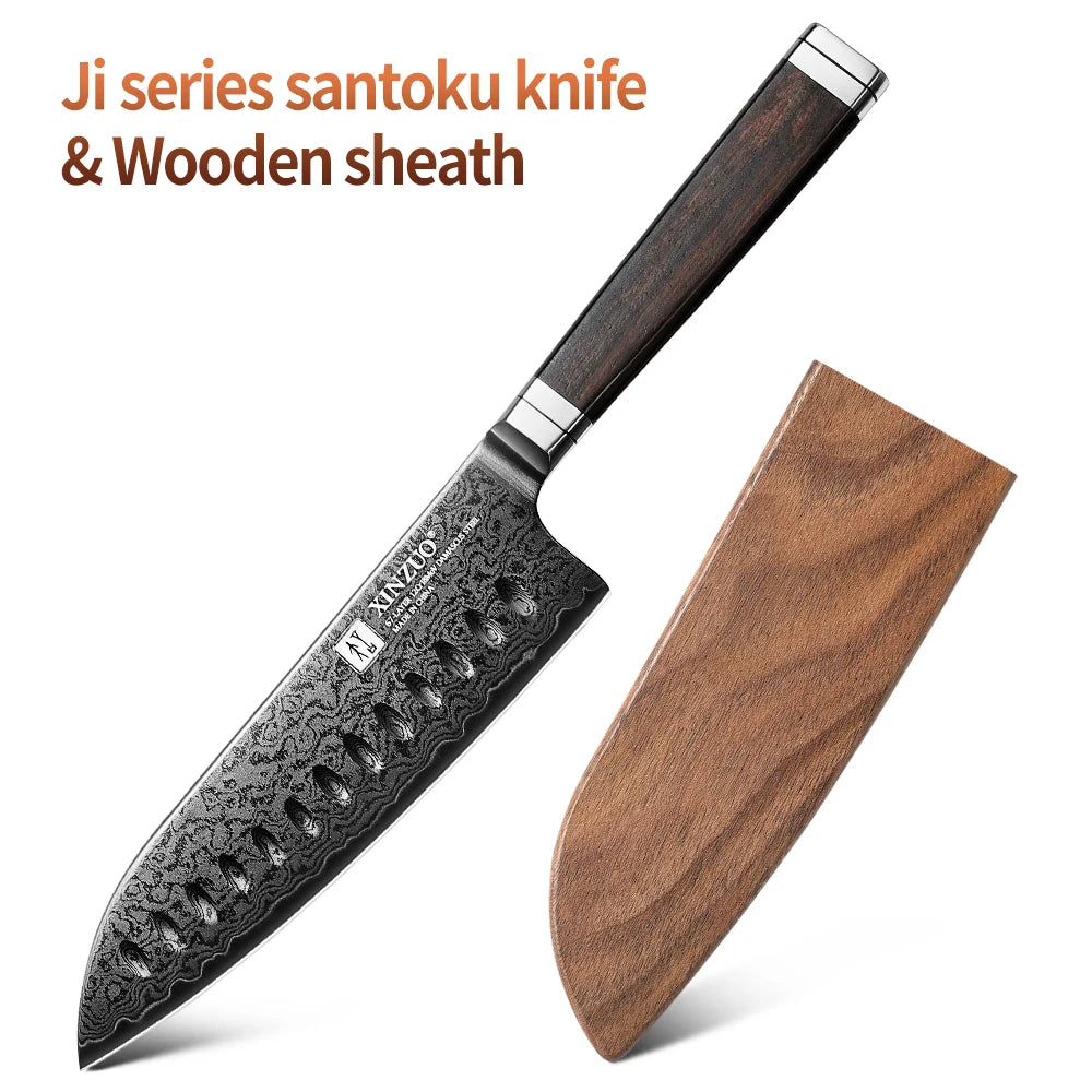 XINZUO 67-Layer Damascus Santoku Knife 7-Inch | Ebony Handle Damascus Santoku Knife Axl with Wooden sheath