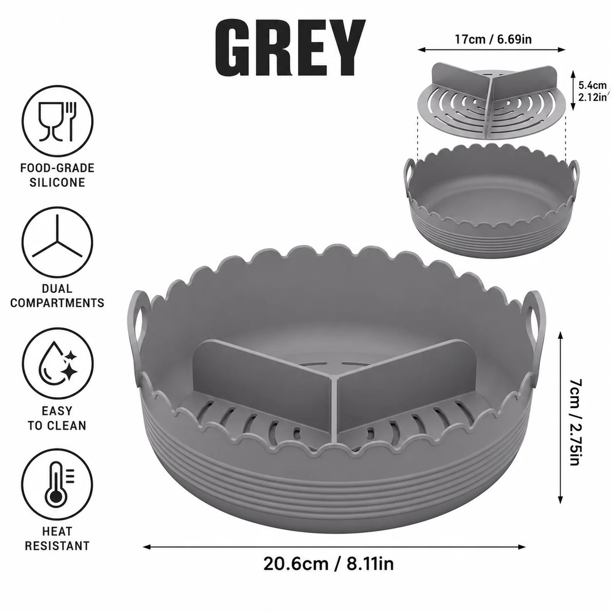 Silicone Air Fryer Liner – 3-Compartment Divider & Grease Filter Silicone Baking Liner Axl Grey