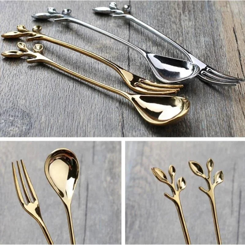 Leaf-Shaped Zinc Alloy Dessert Fork & Spoon | 12cm Cutlery Decorative Dessert Cutlery Axl