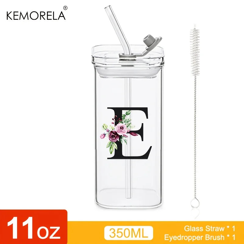 KEMORELA 300ml Letter-Shaped Glass Tumbler with Lid & Straw