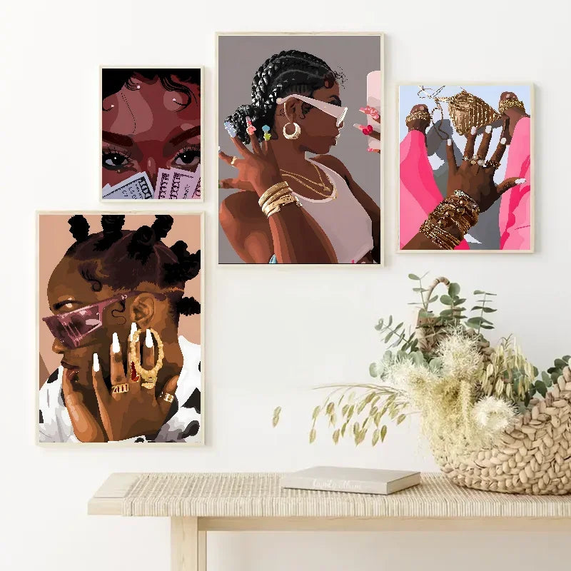 Hip Hop Black Girl Gold Jewelry Wall Poster | Self-Adhesive Wall Art Poster Axl