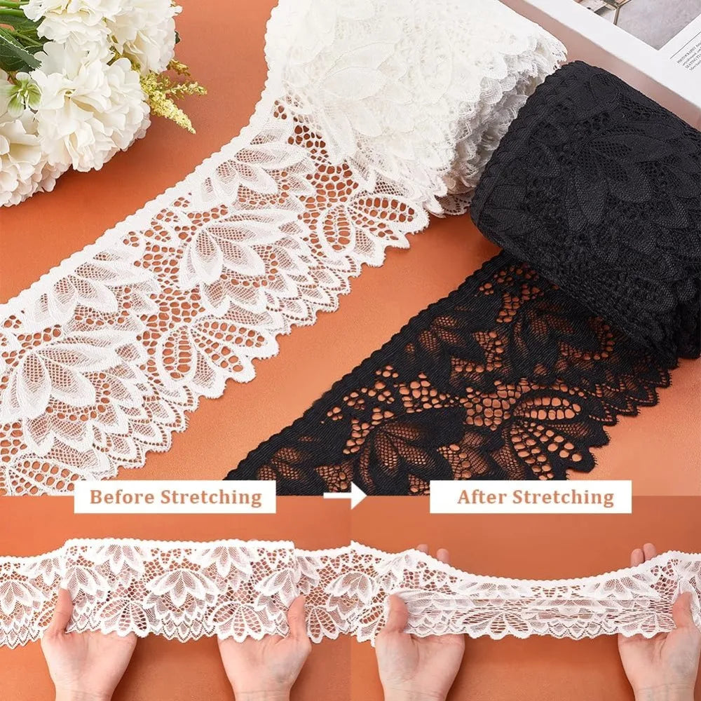 10 Yards Stretch Embroidery Lace Ribbon Trim – 4" Wide, Black & White Lace Ribbon Trim Axl