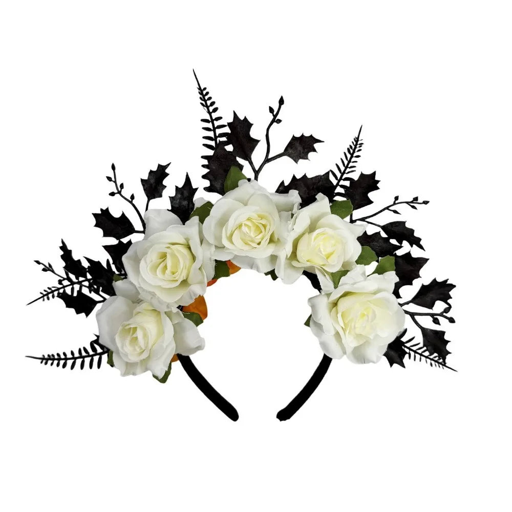 Gothic Rose Flower Crown Headband – Halloween & Cosplay Flower Crown Headband Axl White