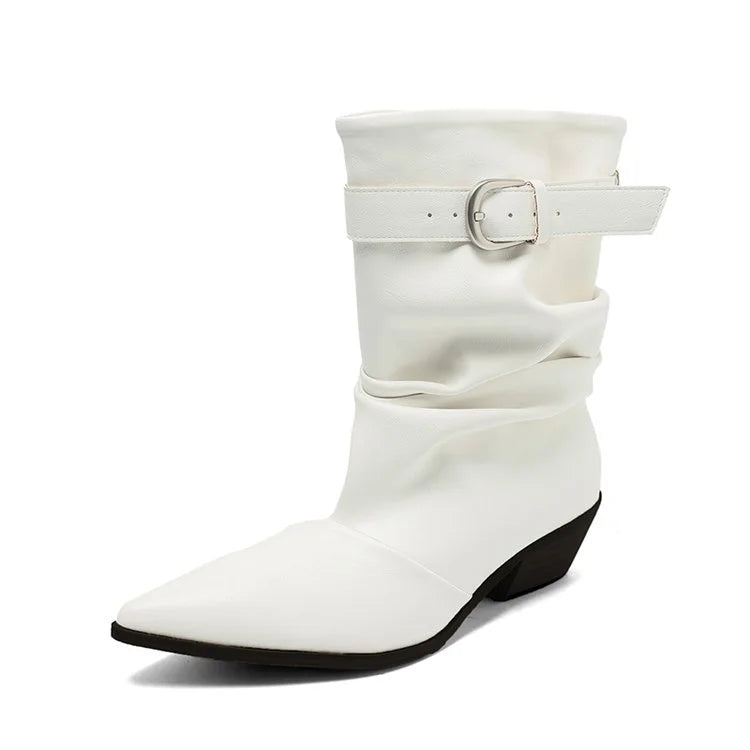 Women's Pointed-Toe Knight Boots – Anti-Slip Belted Heeled Mid-Calf Women's Heeled Boots Axl 35 WHITE