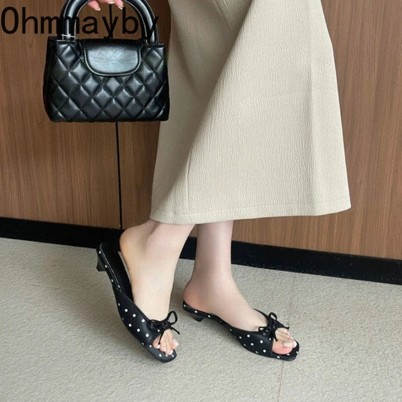 Women's Satin Polka Dot Slide Slippers with Bow & Low Heel Slide Slippers Axl