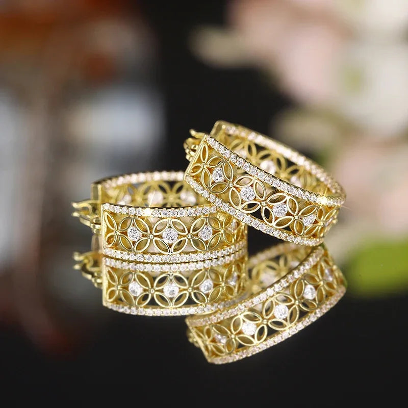 Huitan Gold CZ Hollow Flower Hoop Earrings | Bridal Jewelry Hoop Earrings Axl