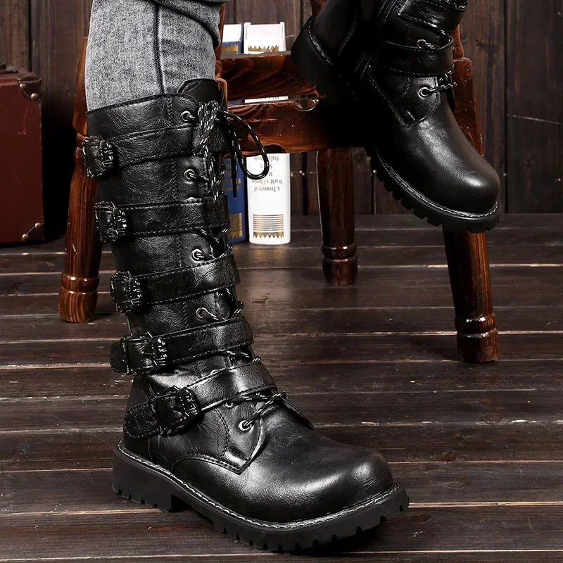 Men's Gothic Combat Boots – PU Leather Mid-Calf Zip Boots Men's Combat Boots Axl