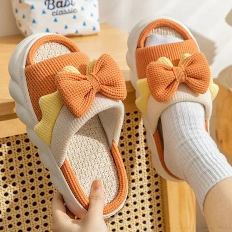 Women's Linen Bowknot Slippers – Anti-Slip Flat Cotton Slides House Slippers Axl