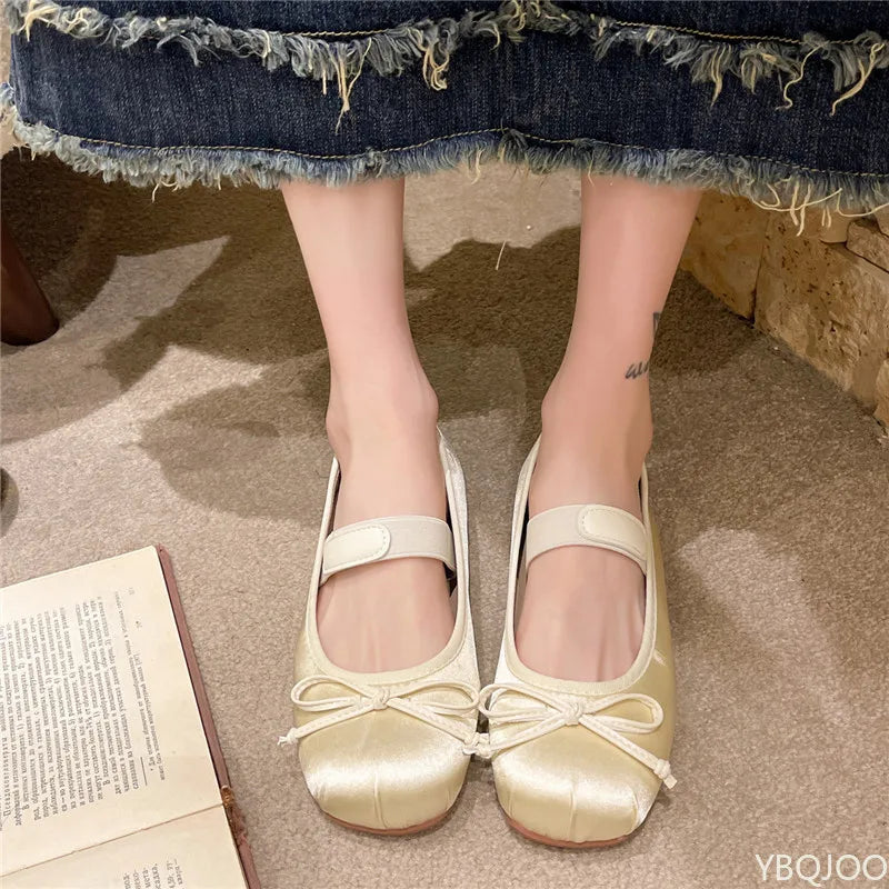 Women's Mary Jane Ballet Flats – Bow Satin Slip-On Shoes Mary Jane Flats Axl