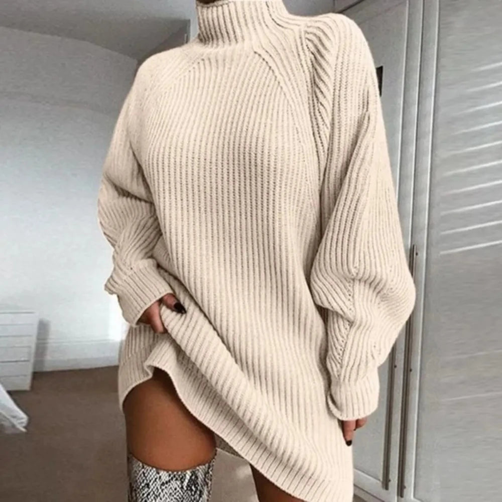 Women's Turtleneck Cable Knit Sweater Dress | Long Sleeve Knit Sweater Dress Axl Apricot XXXL