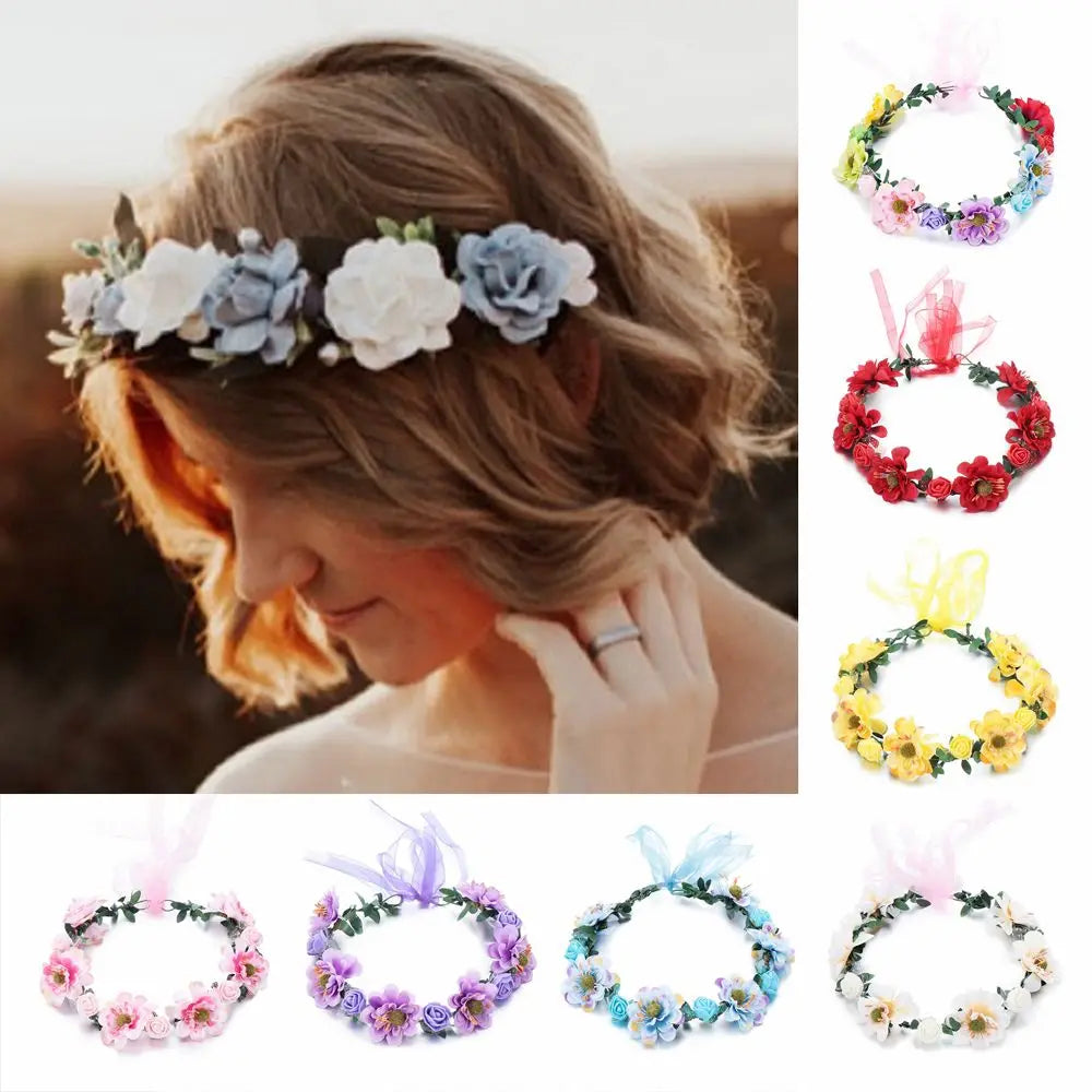 Floral Rose Crown Headband – Adjustable Ribbon Bridal Halo Floral Crown Headband Axl
