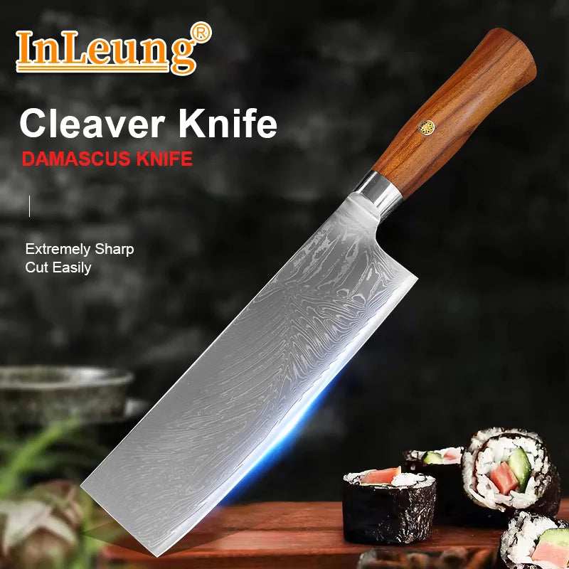 InLeung Damascus Steel Cleaver – Handmade Sharp Chef Knife Damascus Chef Cleaver Axl