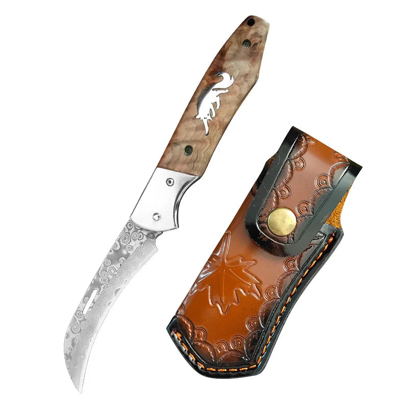 InLeung Damascus Steel Folding Knife – Wood Handle | 9cm Blade Folding Kitchen Knife Axl Folding Knife AT