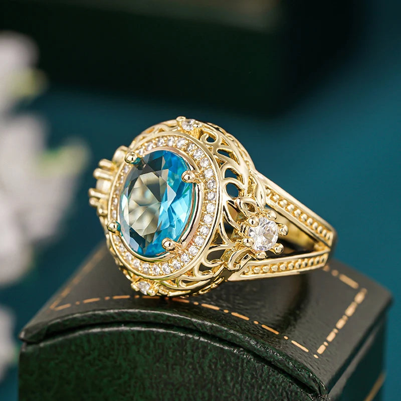 Huitan Blue Cubic Zirconia Engagement Ring | Luxury Wedding Band CZ Engagement Ring Axl