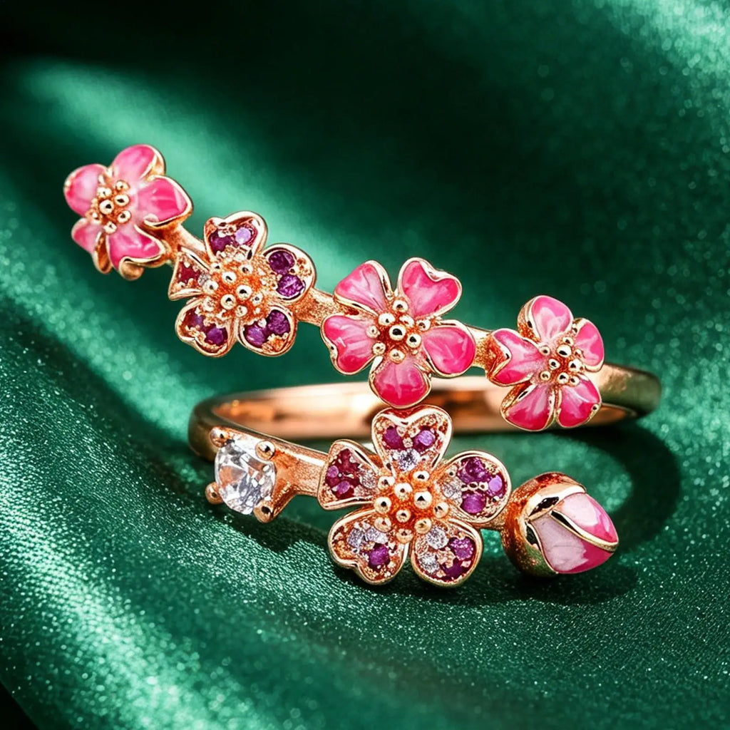 Peach Blossom Crystal Ring – Adjustable Flower Ring for Women Adjustable Flower Ring Axl