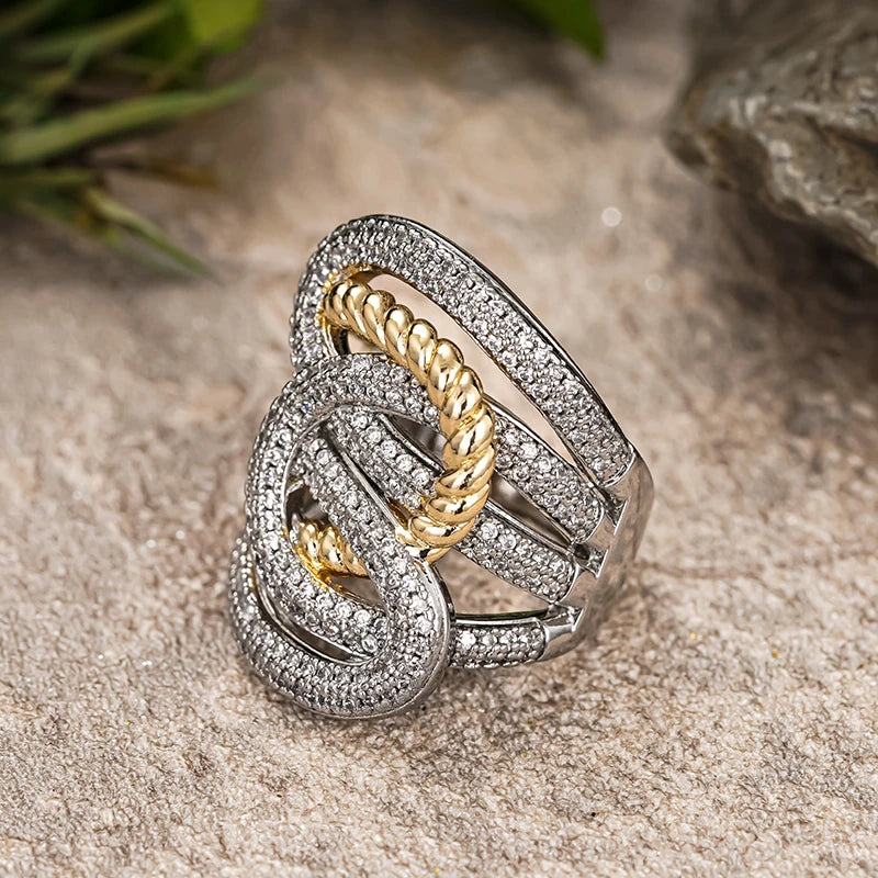 Huitan Two-Tone CZ Cross Ring – Wide Band Women's Jewelry Fashion Ring Axl