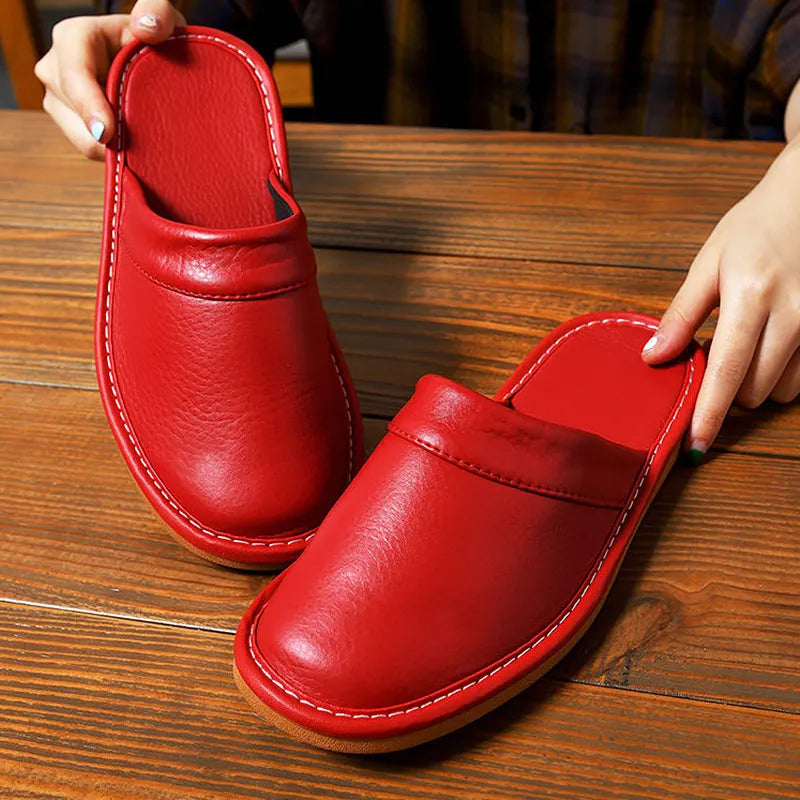 Lorilury Unisex Indoor Leather Slippers – Flat Mule House Shoes Indoor House Slippers Axl Red 35-36