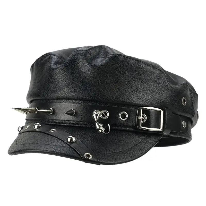 Vintage Rivet Beret – Y2K Gothic Faux Leather Flat Cap Women Faux Leather Beret Axl A1