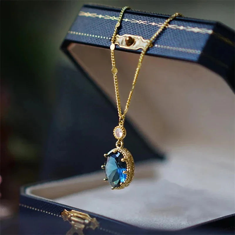 Huitan Oval Blue Stone Pendant Necklace – Bridal Jewelry Gift Pendant Necklace Axl