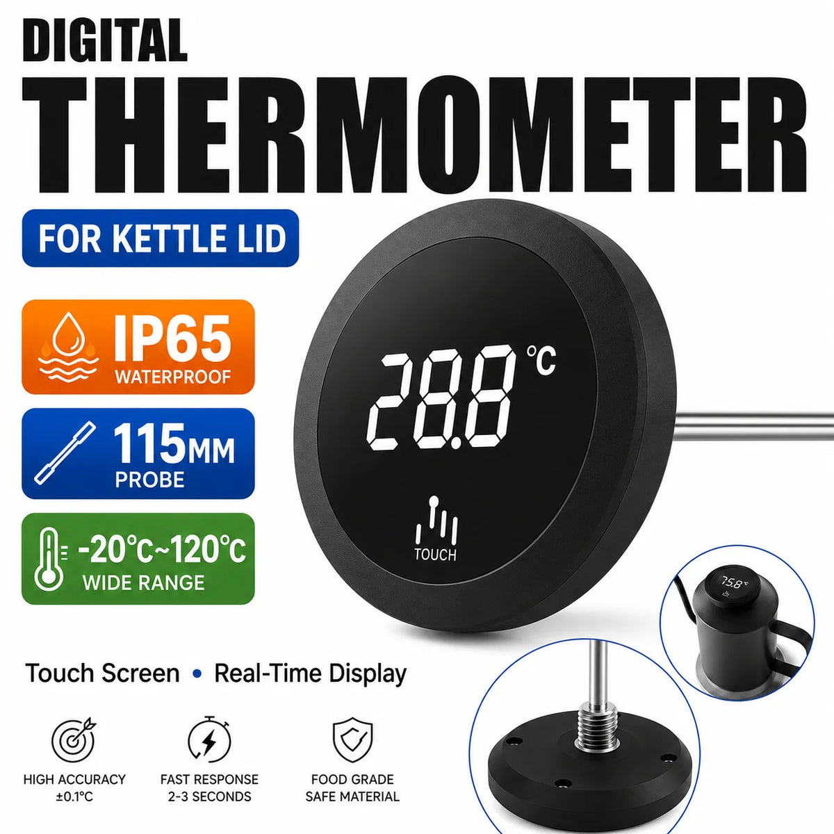 IP65 Waterproof Digital Kettle Lid Thermometer | LCD Touch Screen Kitchen Thermometer Axl