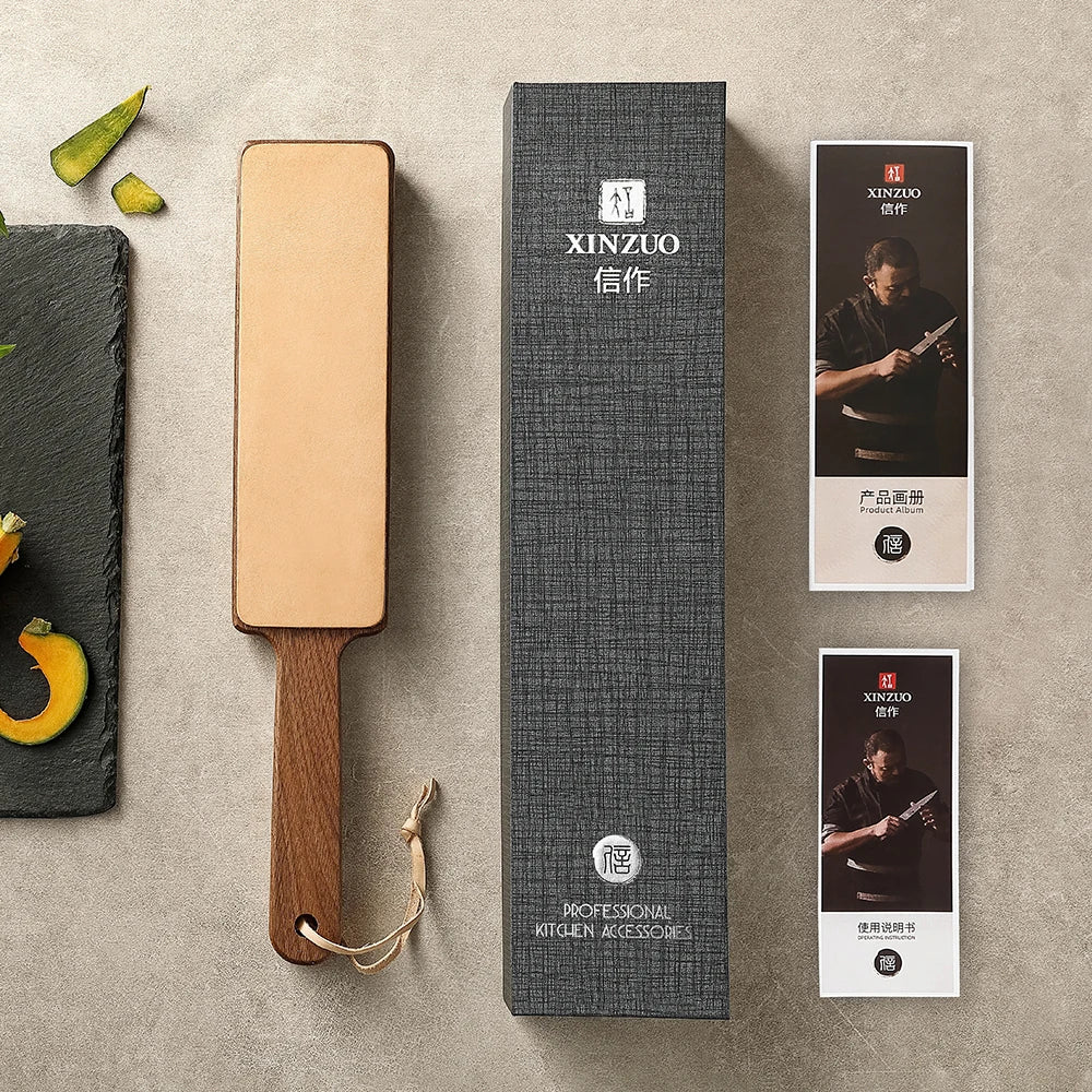 XINZUO Double-Sided Leather Strop Kit – Walnut Handle Stropping Block Leather Stropping Block Axl