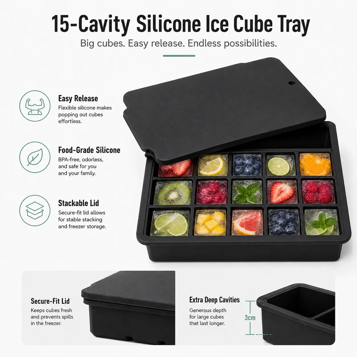15-Grid Silicone Ice Cube Tray with Lid | Large Square Ice Mold Silicone Ice Cube Tray Axl