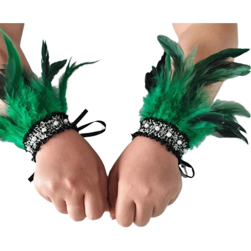 Feather Wrist Cuffs – Lace Pearl Arm Cuffs for Halloween & Carnival Costume Wrist Cuffs Axl Green
