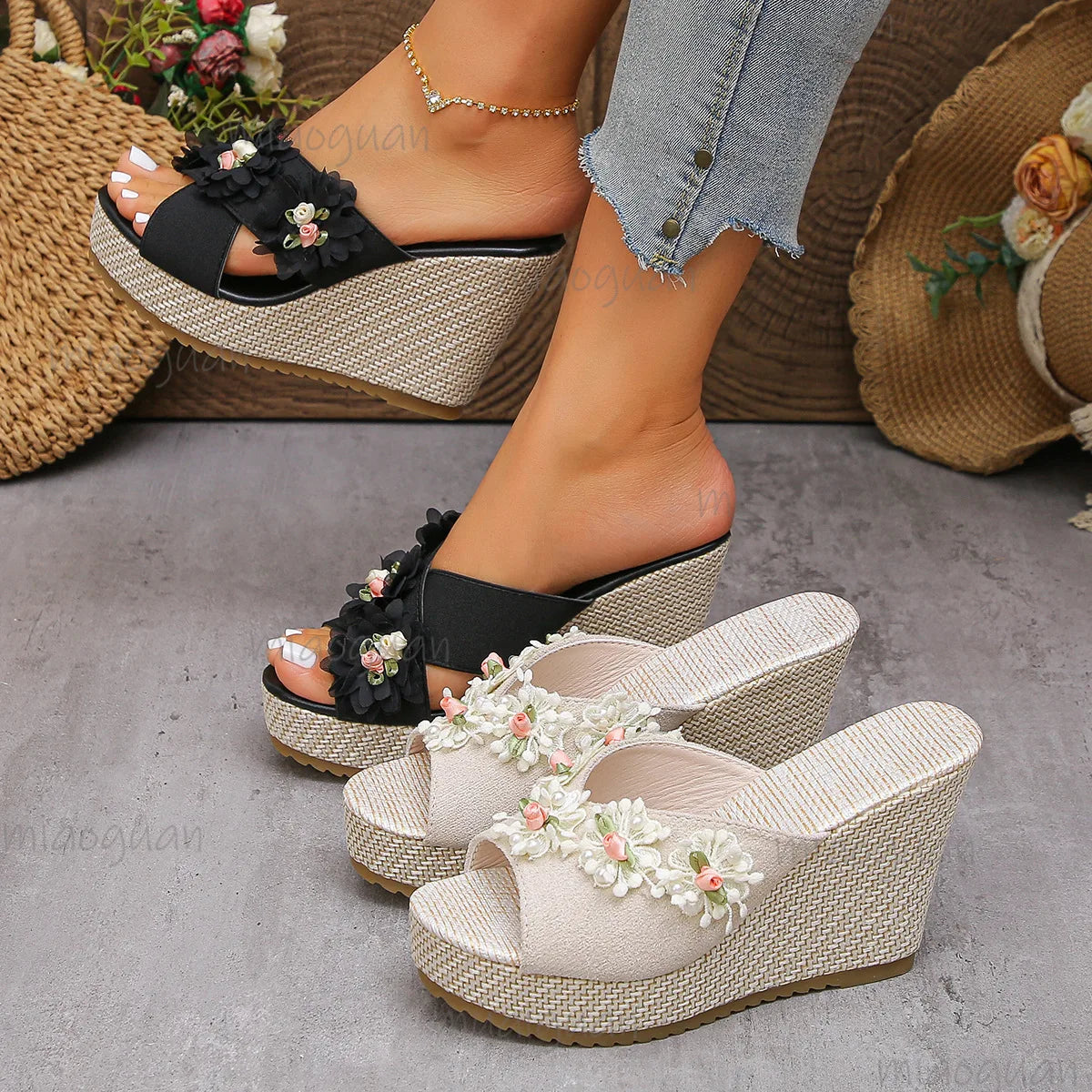 Women's Floral Wedge Platform Sandals | Roman Slip-On Heels Wedge Platform Sandals Axl